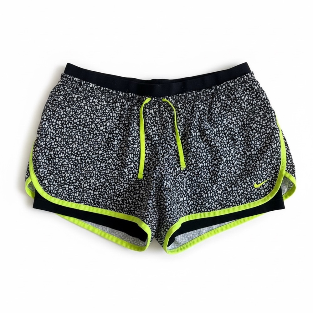 Nike Dri Fit Speckled Neon Trim Running Shorts Athletic Lined Outdoor Trail L